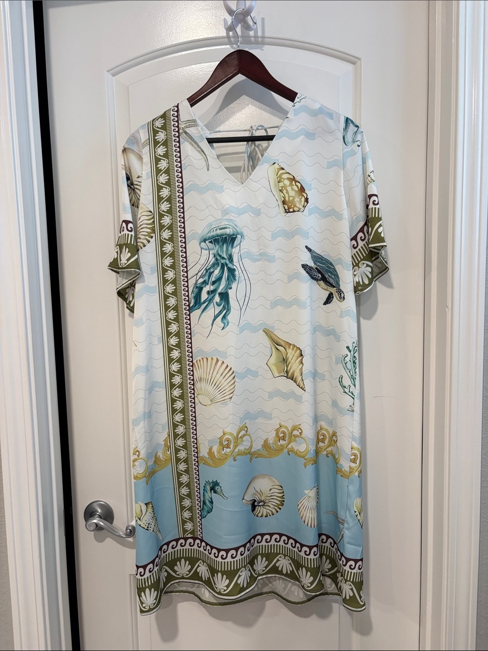 Adore Sea Life Print Midi Dress in Cream, Light Blue and Olive